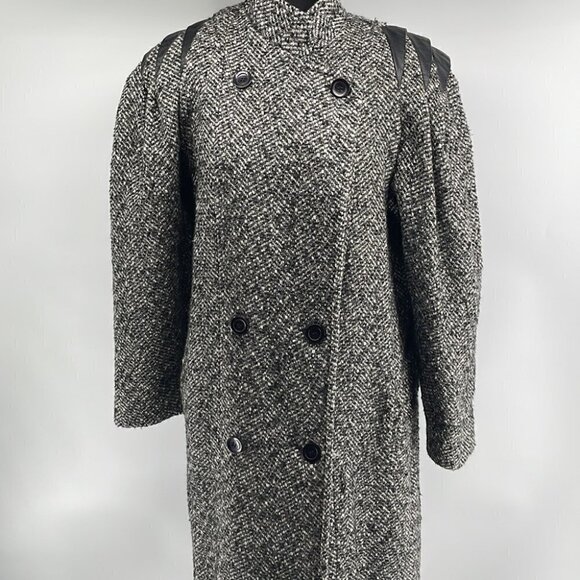 𝅺emblem vintage wool blend full length coat button down faux leather detail - Picture 1 of 9